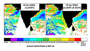 Image of Aerosol optical depth at 865 nm from SeaWiFS (left), and combined OCM, SeaWiFS (right) data.