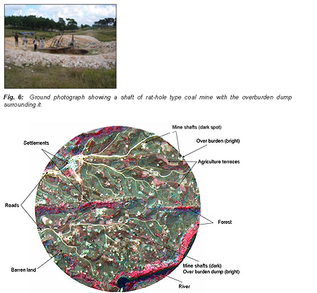 Image of CARTOSAT-1 PAN and RESOURCESAT-1 LISS-4 merged FCC depicting rat-hole type coal mines and other landscape features