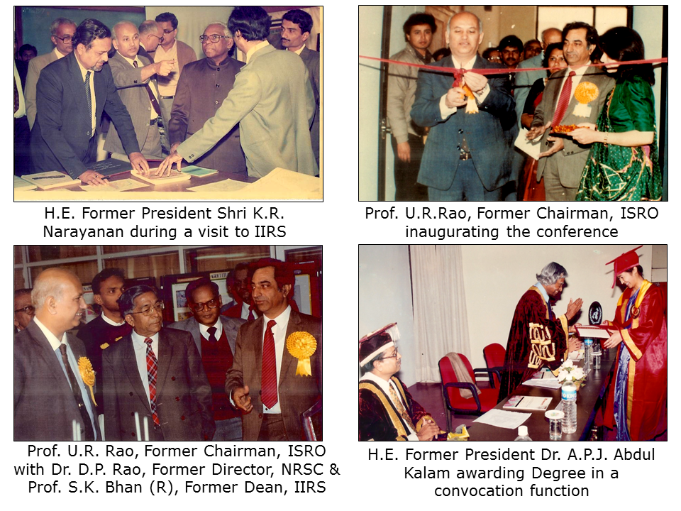 Image of former president Shri K. R. Narayanan during a visit to IIRS, Professor U. R. Rao former chairman of ISRO inaugurating the conference with former Director NRSC, Dr. D. P. Rao and former dean IIRS, Professor S. K. Bhan, Dr. A. P. J. Kalam awarding degree in convocation function